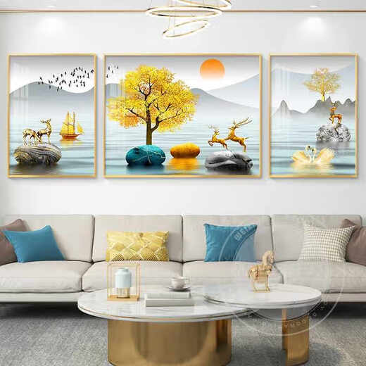 丞仔轻奢客厅装饰画沙发背景墙挂画壁画现代简约2025新款三联山水壁画 JD16821 左右50*70中间90*70 纹理油画布铝合金金框