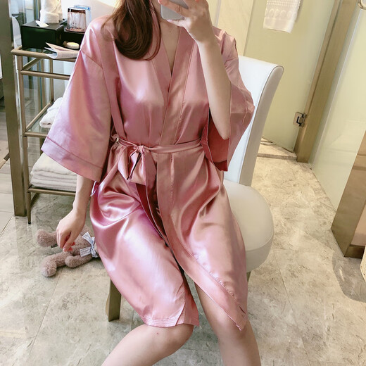 梦园朵睡衣女夏季冰薄浴衣睡袍系带睡性感女士短春秋网红家居服 9896浅豆沙粉 睡袍 M码(85-100斤)