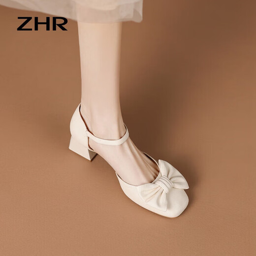 
ZHR single sandals for women with summer bow temperament thick heels for women sweet and simple commuting shoes for women Y692 beige 36