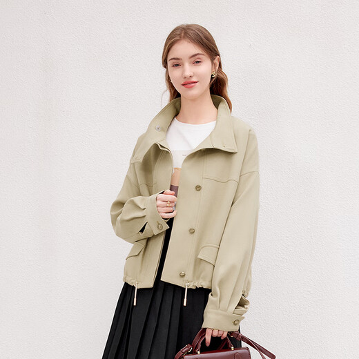 Betu Women's Spring New Style Windbreaker Temperament Stand Collar Short Drop Shoulder Sleeve Windbreaker Jacket Women 2401T47 Khaki L