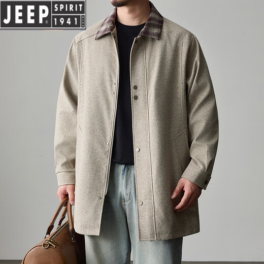 JEEP SPIRIT Men's Spring and Autumn Mid-length Jacket Large Size Fat People Loose Trendy Handsome Casual Versatile Windbreaker Solid Color Jacket Khaki 2XL