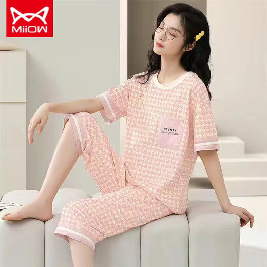 猫人 MIIOW睡衣女士夏季纯棉可爱大码薄款短袖七分裤春秋两件套装夏天家居服 短袖七分裤-679 M