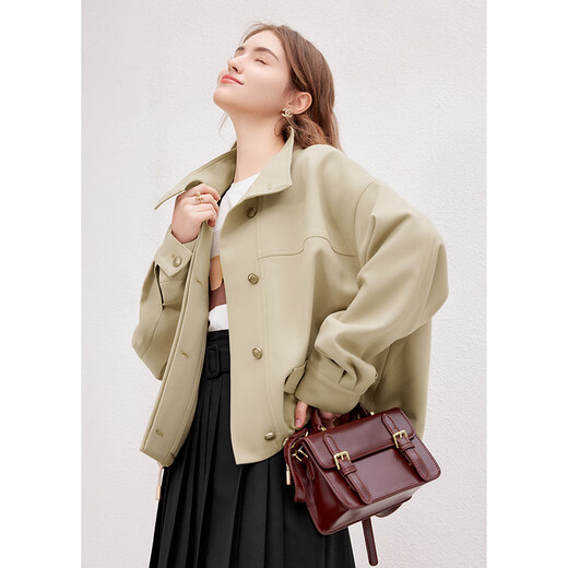 Betu Women's Spring New Style Windbreaker Temperament Stand Collar Short Drop Shoulder Sleeve Windbreaker Jacket Women 2401T47 Khaki L