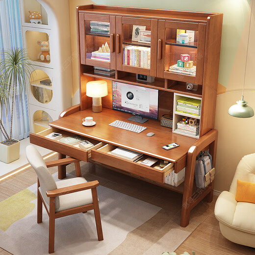 Huixun solid wood desk bookshelf bookcase combination modern simple desktop computer table home bedroom children's study table walnut color #desk + bookshelf 80cm*60cm*75cm total height 186cm
