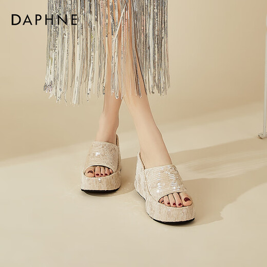 
Daphne thick-soled sequin high-heeled heeled sandals for women in summer small heightened fashion flip-flops for women apricot color 36