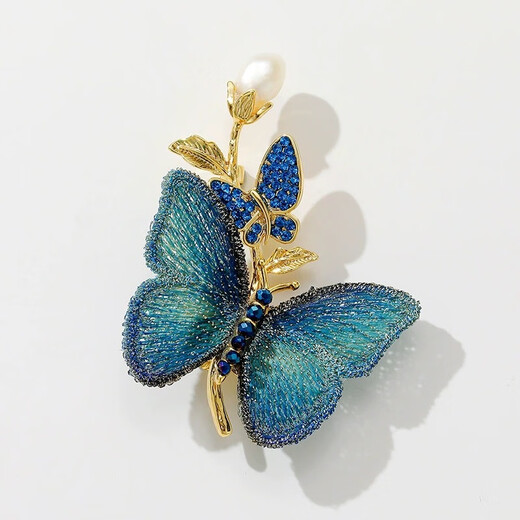 Lingmeng antique blue embroidered butterfly brooch for women, fabric high-end corsage placket pin, suit jacket accessories, embroidered blue butterfly 1 piece (including small gift box)