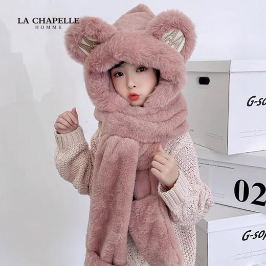 LA CHAPELLE HOMME parent-child children's hat, scarf and gloves three-piece set in one winter warm and cute scarf Khaki L