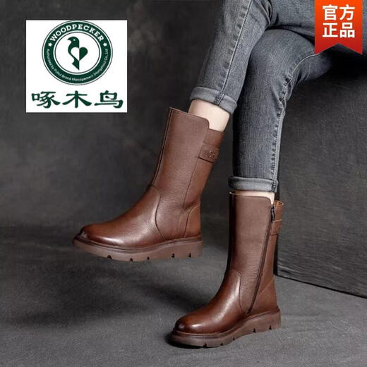 Holzspecker Offizielle Leder Martin Boots Herbst und Winter Neue Mittelröhrenstiefel weiche Sohle Low Heel Vielseitige Motorrad-Motorrad-Frauenstiefel flache Mutterstiefel Schwarz Plüsch Flaggschiff Modell 37