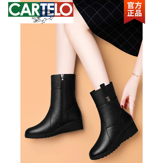 卡帝乐鳄鱼（CARTELO）头层牛皮中筒靴女靴2023年新款真皮软底短靴秋冬加绒中年妈妈马靴 GQ 9716 黑色 加绒 4.5厘米 34