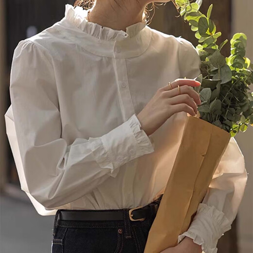 Shimmer shirt women's white lace collar 2025 new early autumn temperament shirt literary and versatile French shirt long-sleeved top lace shirt white M