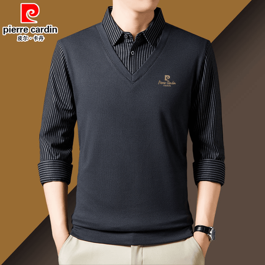 Pier Cardin brand pure cotton men fake two-piece long-sleeved T-shirt Spring and Autumn Lapel POLO base shirt shirt collar casual jacket Gray 22830 17088A Recommended 120-140Jin [Jin equals 0.5 kg]