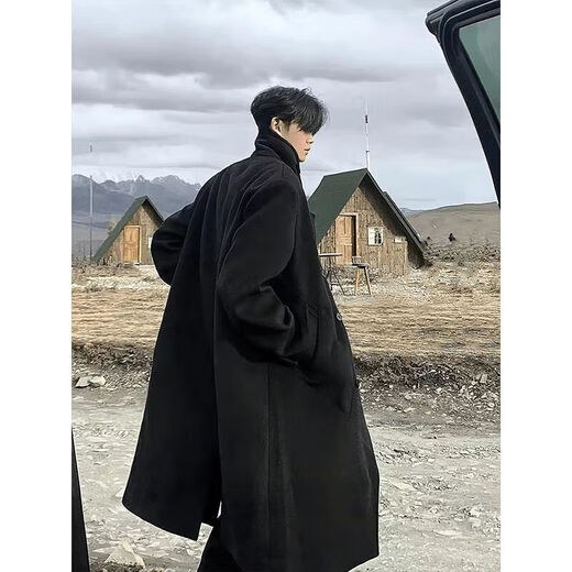 OEMG mid-length woolen coat men's autumn and winter high-end woolen over-the-knee Korean style lazy wind handsome windbreaker jacket black XL recommended 125-140Jin Jin equals 0.5 kg