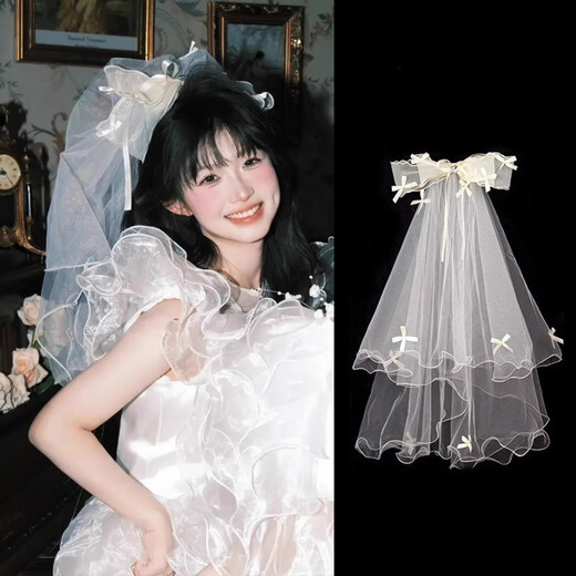 Shui Yunmiao bridal veil headdress wedding proposal fluffy yarn bow 2025 light luxury hair accessories wedding photo props headdress bow love veil 60cm hairpin style