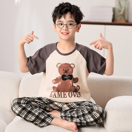 曼妮朵2024新款男童睡衣夏季薄款短袖纯棉儿童卡通男孩中大童家居服套装 F728【短长】 14码建议125-135cm