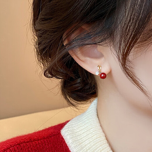 Youfang Red Acacia Bean Imitation Zirconia Earrings Women's Niche Design Light Luxury High-Quality New Year's Earrings 2025 New Gold Pair