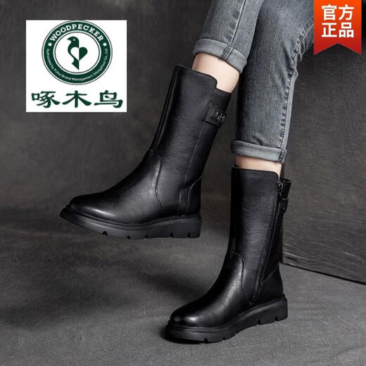 Holzspecker Offizielle Leder Martin Boots Herbst und Winter Neue Mittelröhrenstiefel weiche Sohle Low Heel Vielseitige Motorrad-Motorrad-Frauenstiefel flache Mutterstiefel Schwarz Plüsch Flaggschiff Modell 37
