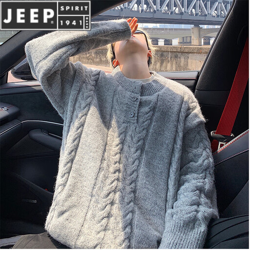 JEEP SPIRIT Henry collar sweater for men in autumn and winter fashion cable pattern blended pullover sweater for men simple warm woolen clothes off-white M