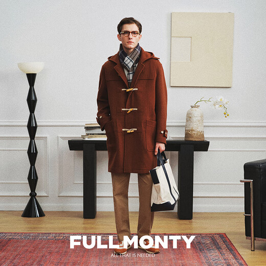 FULL MONTY【牛角扣】毛呢大衣男款连帽呢子大衣商务休闲羊毛中长款外套秋冬 焦糖色6241 50