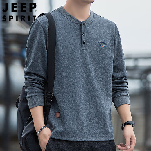 JEEP SPIRIT brand men's heavyweight pure cotton Henry sweatshirt t-shirt men's American casual bottoming polo shirt SS7152 gray stand collar style regular 2XL recommended 155-170Jin Jin equals 0.5 kg