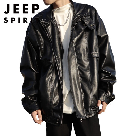 
JEEP SPIRIT American retro motorcycle leather jacket men's spring and autumn new street handsome ins trendy high-end leather jacket W9227 black XL