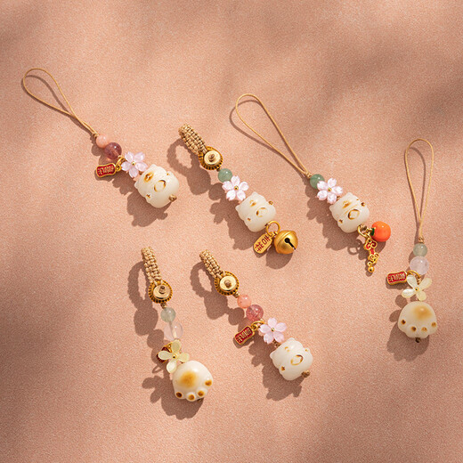 梓嘉福炭烧猫爪菩提根汽车钥匙扣挂件平安挂坠手机链好运小礼物挂饰 【平安喜乐】樱花·小熊菩提手机链