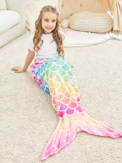 Fantasy Children's Plush Blanket Mermaid Tail Sleeping Bag Adult Anti-Kick Quilt Flannel Blanket Casual Napping Blanket Sofa Blanket Mermaid B-Purple Pink Set 140x60cm