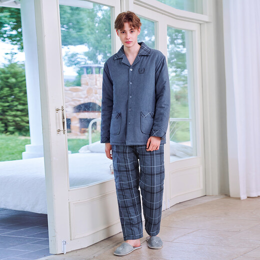 American Standard Autumn and Winter Three-layer Thickened Cotton Couple Pajamas Set Women's Plaid Cotton Warm Wearable Home Clothing for Men Blue XL