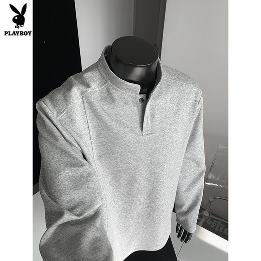 Playboy right shoulder sweatshirt cleanfit high-end pure white henley collar long-sleeved t-shirt men's autumn American style bottoming shirt white custom style M