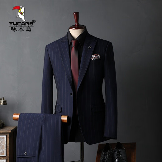 Woodpecker (TUCANO) Striped Suit Men's Full Groom's Suit British Style Groomsmen's Clothes Business Formal Wedding Suit Men's Black (Suit+Vest+Trousers) XL 52 (125-135Jin Jin equals 0.5kg)