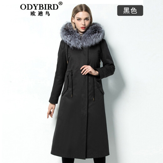 ODYBIRD Ody bird brand parka women's winter clothing new mid-length over-the-knee removable rex rabbit liner large size nikon black M
