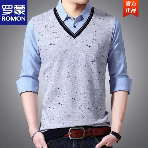 ROMON (ROMON) Spring and Autumn Fake Two-piece Shirt Collar Knit Sweater Men's Long Sleeve Double Collar Shirt T-shirt Middle-aged Men's Thin. Base Shirt 3878 Blue (Spring and Autumn) Button Cuffs Thin 2XL 180 Recommended 158-170Jin [Jin equals 0.5 kg]