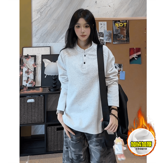 Introducing American high street heavy-duty splicing Henry collar sweatshirt for men in autumn and winter large size loose long-sleeved T-shirt men's base layer black 3XL