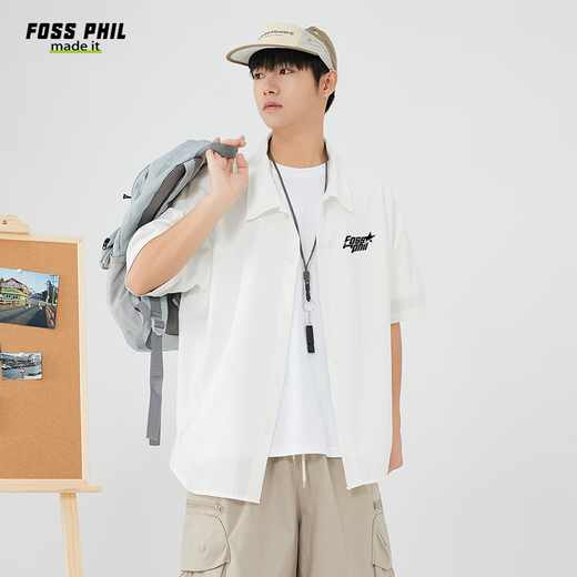 Foss Phil短袖衬衫男士夏季衬衣男潮流印花休闲外套宽松上衣FPCS2白色L