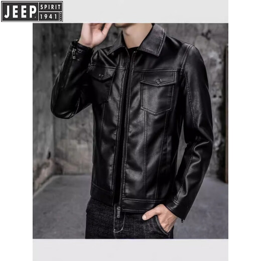 JEEP SPIRIT autumn and winter new men's quilted casual leather jacket men's motorcycle jacket slim fit Korean style lapel men's PU leather jacket black (model) plus velvet XL (suitable for 135-150 Jin Jin equals 0.5 kg)