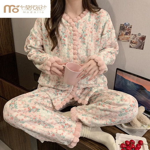 莫代尔碎花复古法兰绒睡衣女款冬季2024新款加绒加厚珊瑚绒秋冬款家居服 OM-4882-方领绒套-蝶结-花朵 S【80-100斤】