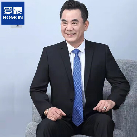 ROMON Spring and Autumn Middle-aged Men's Three-button Suit Suit Loose Large Size Middle-aged and Old Dad Wedding Wedding Professional Men's Top Black 2-button Single Top 190 (4XL) Recommended 168-180 Jin Jin equals 0.5 kg to wear