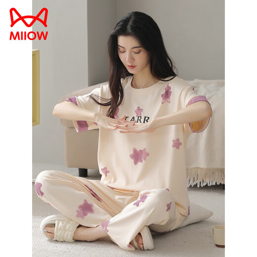 猫人（MiiOW）夏季女士短袖睡衣套装纯棉全棉长裤家居服春秋薄款春秋天可外穿 Y9716 M (建议75-95斤)
