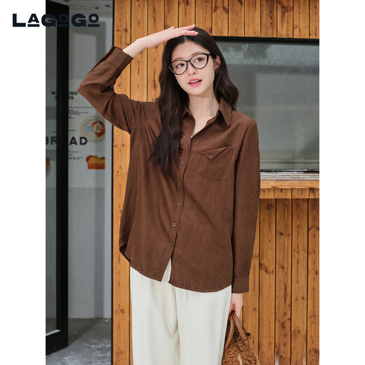 LAGOGO Barn Style Lapel Shirt Jacket Women Lagogu 2025 Winter New Brown Top OCCC439C12 Brown L