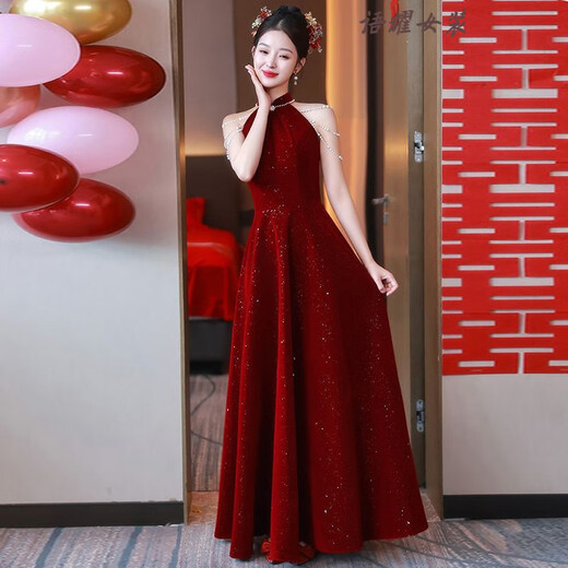 Feng Xiaowei New Chinese Style Toast Wear Bridal Red Halter Neck Cheongsam Morning Robe 2025 New Engagement Wedding Dress Female Style Burgundy Long M