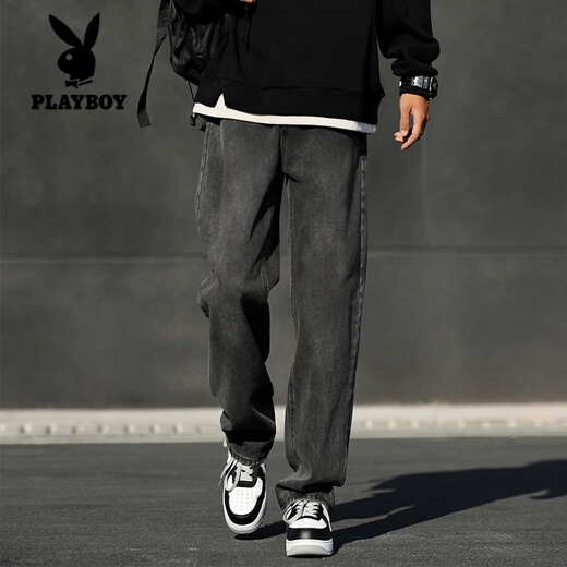 Playboy (PLAYBOY) Smoke Gray Jeans Men's Autumn 2025 Autumn and Winter New American Loose Straight Casual Long Pants Retro Trendy Brand ME Black