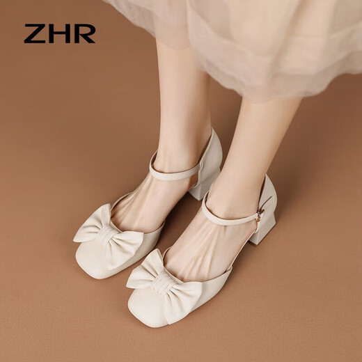 
ZHR single sandals for women with summer bow temperament thick heels for women sweet and simple commuting shoes for women Y692 beige 36