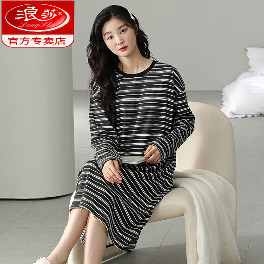 浪莎（LangSha）2024年新款睡裙女春秋纯棉感秋冬季睡衣可外穿条纹家居服 W9764长袖睡裙 L 90-110斤