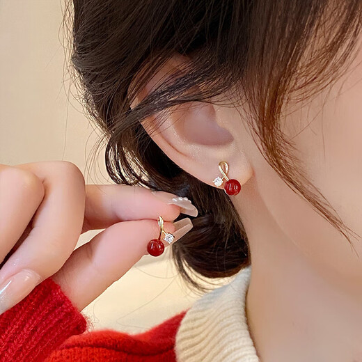 Youfang Red Acacia Bean Imitation Zirconia Earrings Women's Niche Design Light Luxury High-Quality New Year's Earrings 2025 New Gold Pair