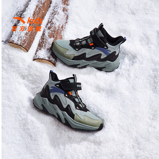 ANTA children's cotton shoes for boys and girls, mountain and river plus velvet to keep warm, 2025 autumn and winter new high-top Velcro anti-ski boots, recommended by the store manager, gray/black/slightly smoked green-6 38, shoe inner length 24cm