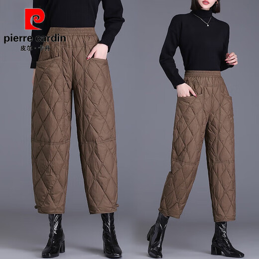 Pierre Cardin Down I Cotton I Pants Women's Outer Wear 2025 New Winter Fashion Women's Velvet Thickened Eight-Point Pants Mom's Warm Cotton Brown Authentic Counter Quality XL Recommended 115-130 Jin Jin equals 0.5 kg