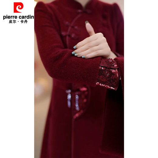 Pierre Cardin 2025 New Mother's Cheongsam Dress Spring and Autumn Thickened Warm Two-piece Set Burgundy Thickened Cheongsam 2XL Recommended 121-130 Jin Jin equals 0.5 kg