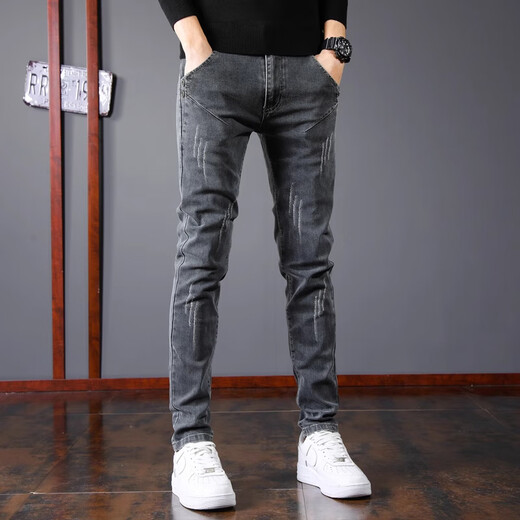 Woodpecker Jeans Men's Autumn and Winter New Slim Fit Stretch Small Leg Pants Men's Velvet Warm Casual Straight Long Pants Men 8913 Regular Style 32 (Recommended 125-150 Jin Jin equals 0.5 kg)