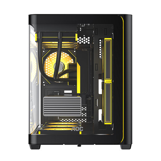 AOC Zhentian Bow CG355 schwarzer MATX-Desktop-Computer mit Meerblick, integriertes gebogenes Glas/360-Grad-Wasserkühlung/ARGB-Lichtleiste/linkes und rechtes Fach/Schnellverschluss-Design