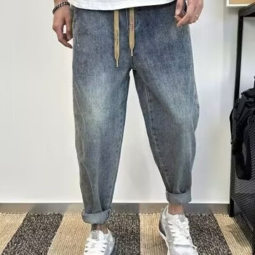 迪伽达复古港风牛仔裤男宽松哈伦裤松紧腰萝卜裤潮牌时尚宽松百搭长裤子 HCFS-3002浅蓝色 XL