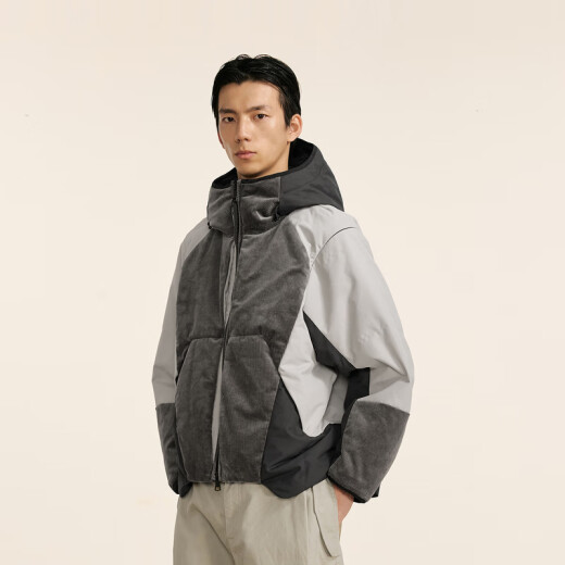 速写男装商城同款2024冬新品短款连帽灯芯绒拼接羽绒服休闲9O0C14110 011炭黑 XS